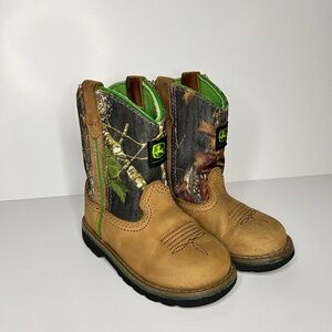 John Deere JD1188 Toddler 7M Camo Leather Western Cowboy Boots Brown Green Trim
